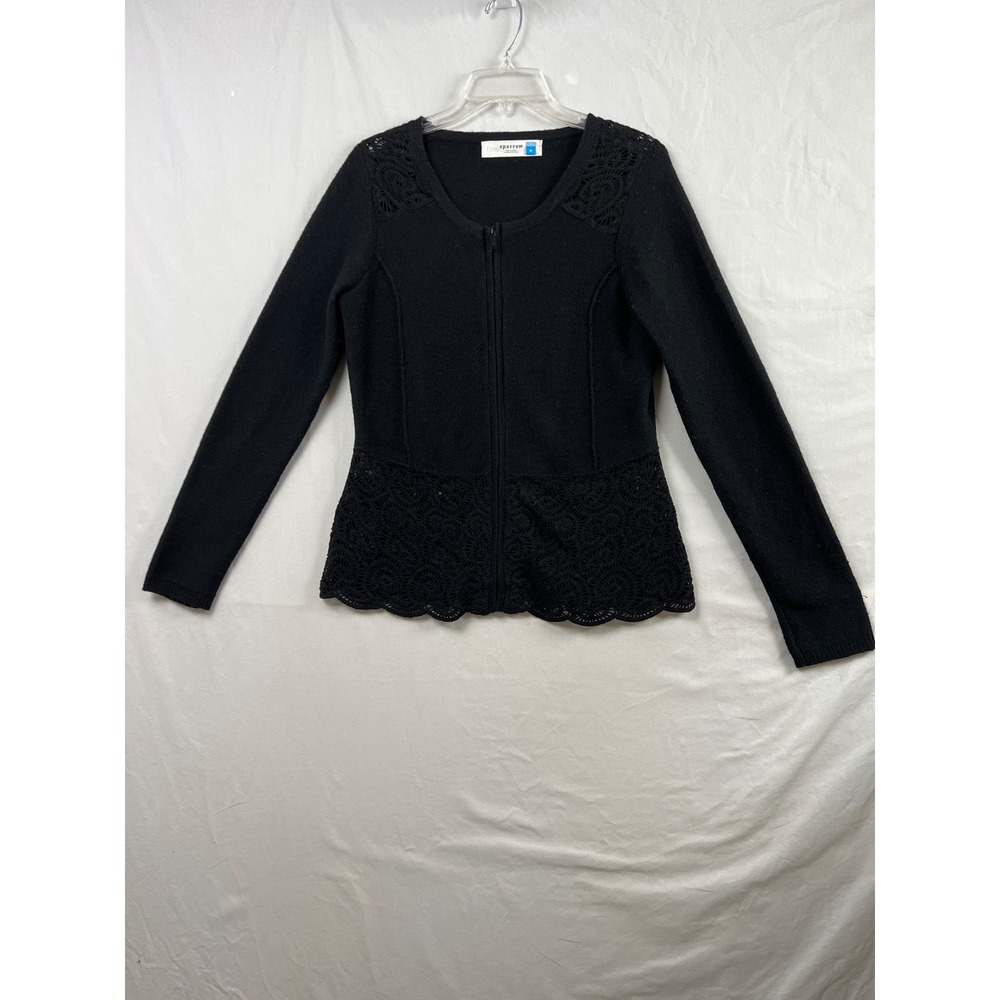 Sparrow Cardigan Sweater Womens M Black Wool Blend Crochet Lace Peplum Zip Up